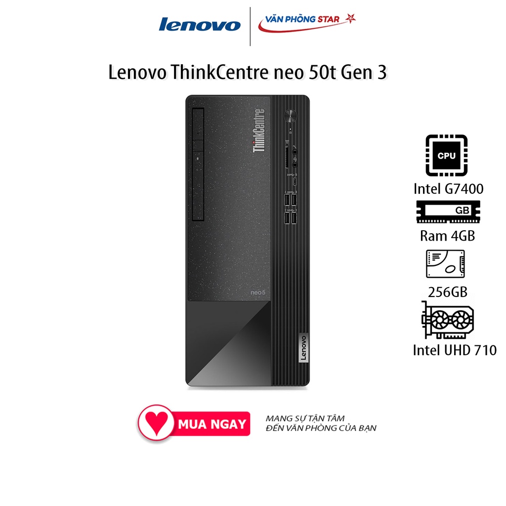 Máy tính để bàn PC Lenovo ThinkCentre neo 50t Gen 3 (11SE008SVA)/ Đen/ Intel Pentium Gold G7400 (3.7GHz)/RAM 4GB/256GB