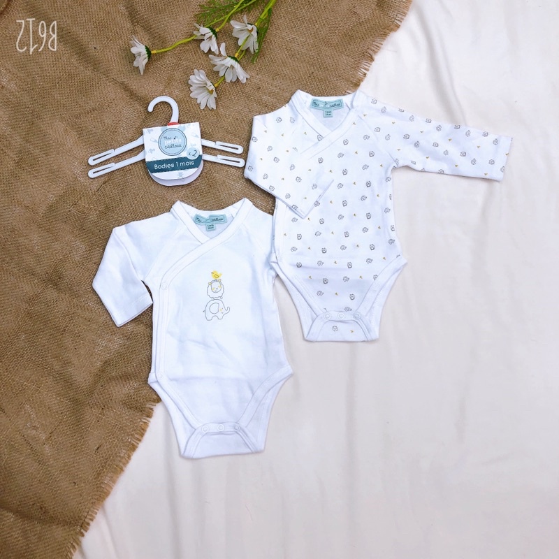 Set 2 body chip, bodysuit cotton dày dặn vạt chéo dài tay Quảng châu cho trẻ thiếu tháng, trẻ sơ sinh 1m,3m,6M-  Kèm móc