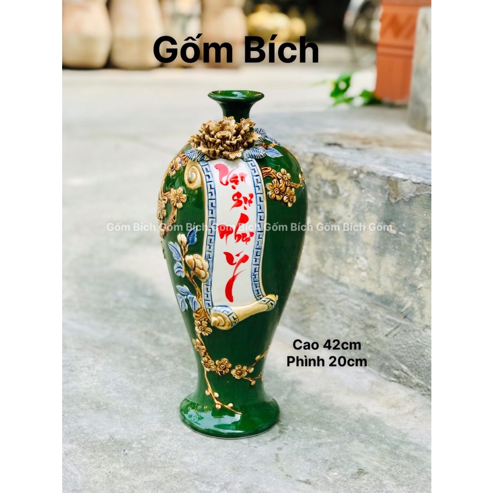 Mai Bình Tích Lộc Cuốn Thư Viết Chữ Vạn Sự Như Ý Đắp Nổi Cao 42cm Gốm Sứ Bát Tràng - Gốm Bích