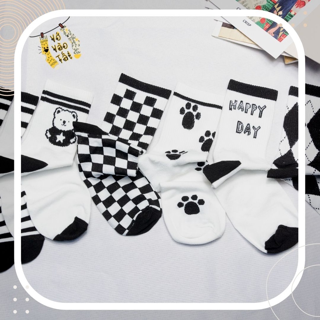 TẤT VỚ UNISEX NAM NỮ CỔ CAO TRẮNG ĐEN HỌA TIẾT