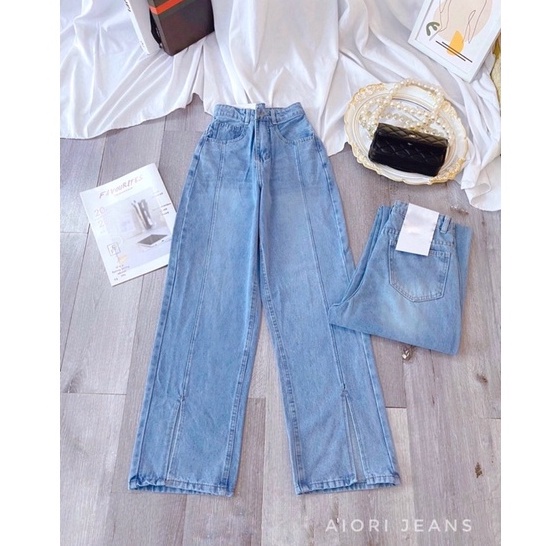 Quần Jean Nữ AIORI Ống Rộng Lưng Cao Trơn Xẻ Lai Jeans Ống Suông Cạp Cao Cotton Mềm Mịn, Thời Trang Hàn Quốc_AF3391