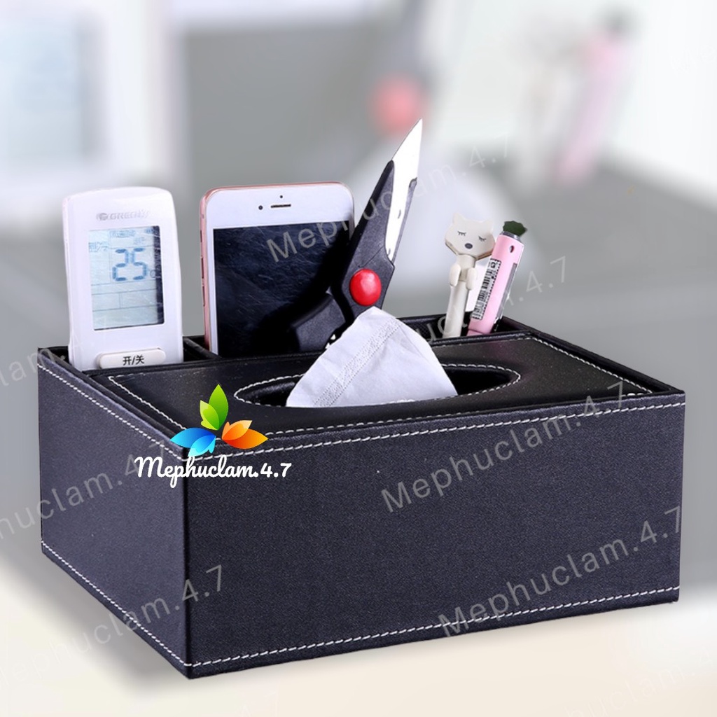 Hộp đựng giấy ăn giả da cao cấp kèm khay để điều khiển, điện thoại, bút.. tiện lợi