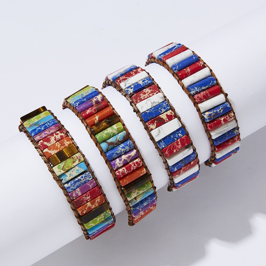 Vòng đeo tay RINHOO dây da đính hạt đá vuông kim loại chạm khắc tinh xảo thời trang