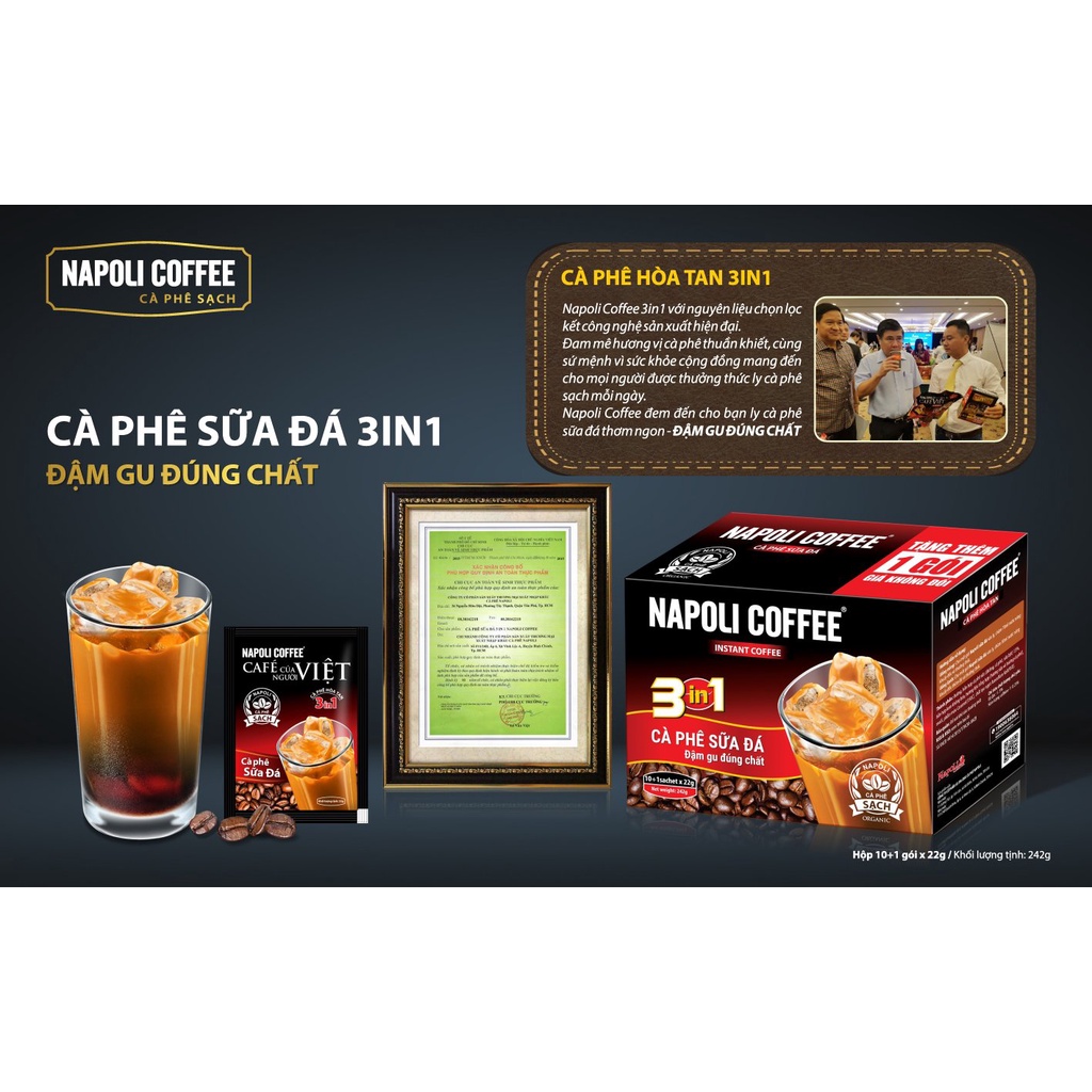 Cà Phê Sữa Nóng Hòa Tan 3in1 - Dạng Dây -  Napoli Coffee - 10gói x 22g [ 40 dây / thùng]