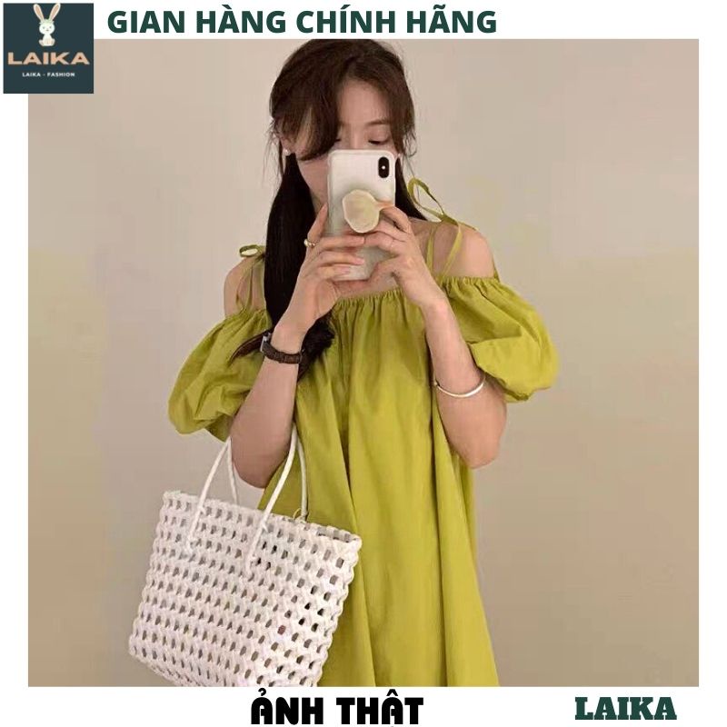 Váy babydoll nữ 2 dây trễ vai tay bồng dễ thương- Đầm maxi nữ đi biển màu xanh cốm basic ULAZANG hàn quốc - LAIKA