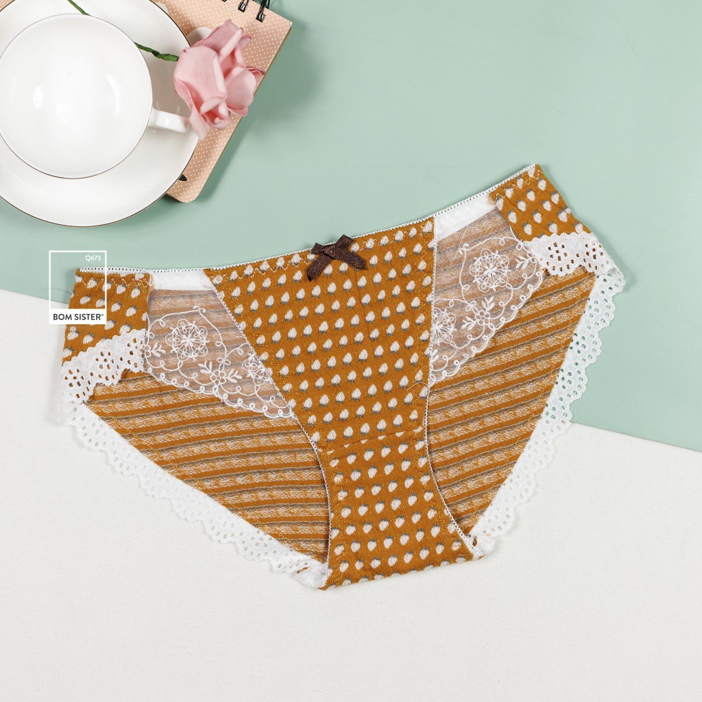 Quần Cotton Phối Lưới Đính Nơ Hoạ Tiết Trái Dâu Lưng Vừa BOM SISTER Q673 | BigBuy360 - bigbuy360.vn
