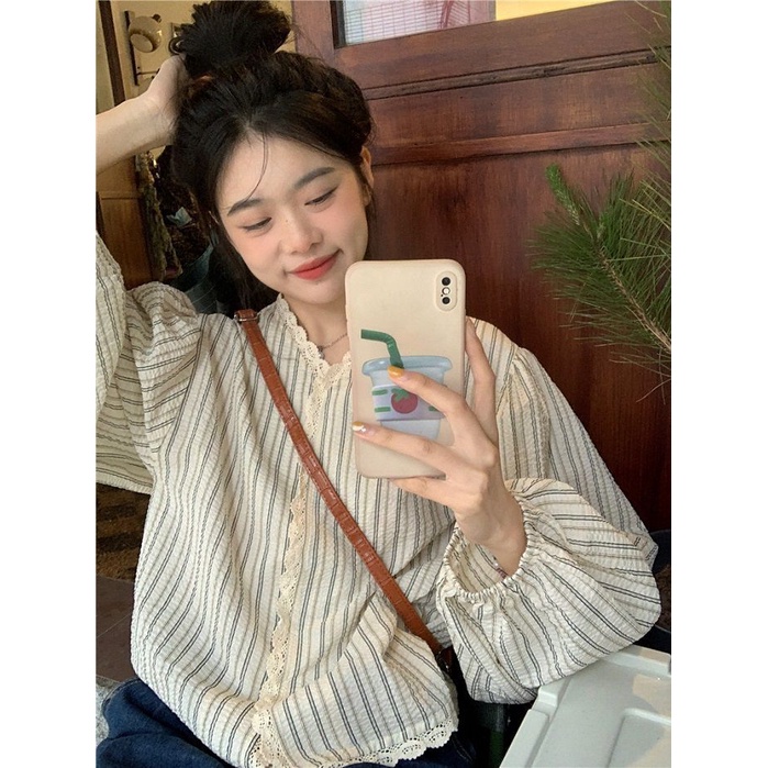 Áo Sơ Mi Nữ Tay Dài Kẻ Sọc Cổ Chữ V Thời Trang Hàn Quốc
