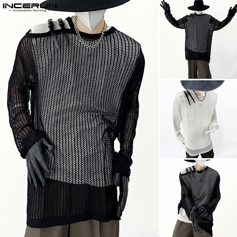 Áo thun INCERUN tay dài cổ tròn xuyên thấu thời trang tùy chọn màu sắc dành cho nam