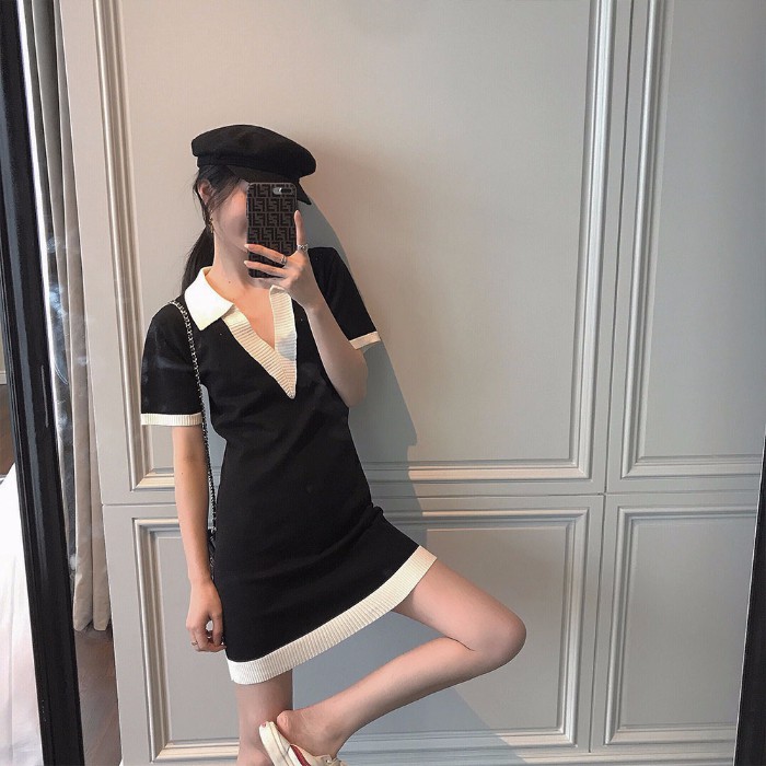 Đầm Dệt Kim Tay Ngắn Cổ Chữ V Phong Cách Vintage | BigBuy360 - bigbuy360.vn