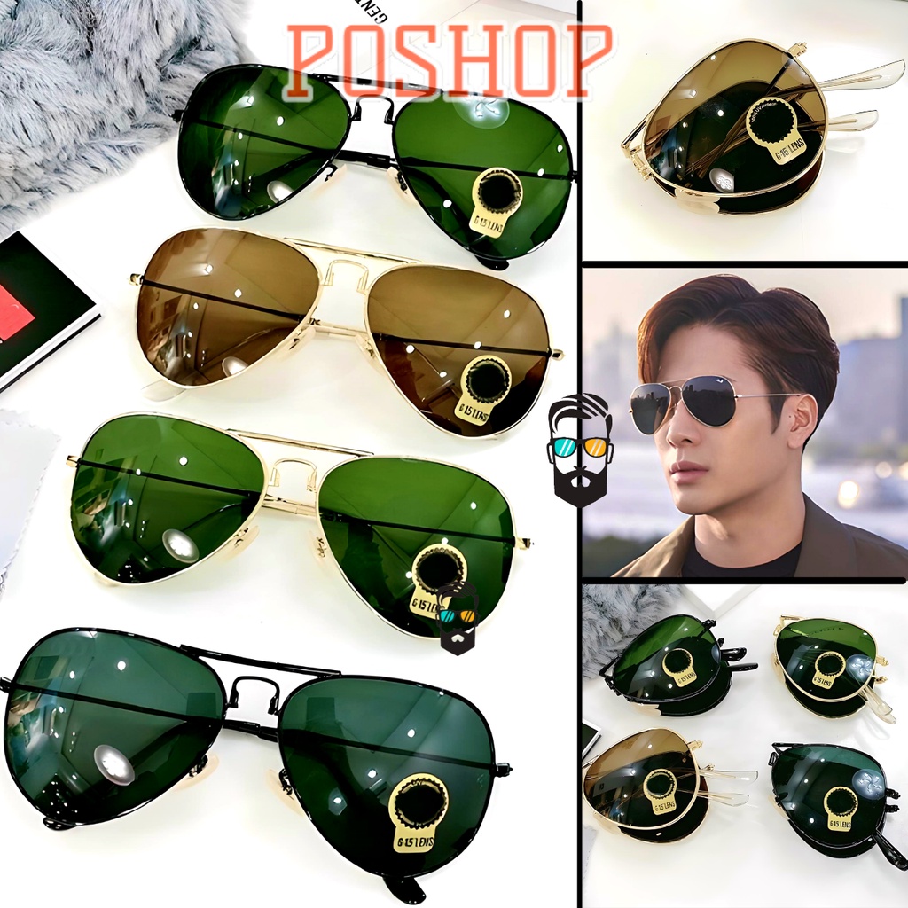 Mắt kính râm nam nữ POSHOP gọng kim loại gấp xếp gọn kiểu phi công cổ điển tròng thuỷ tinh cường lực chống uv400 R3479