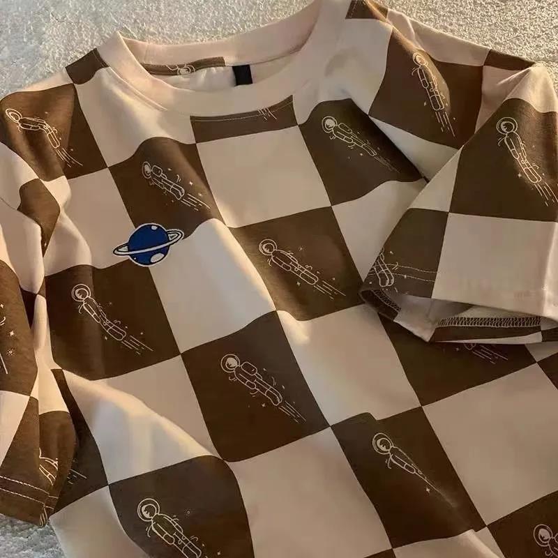 Áo thun COZOK tay ngắn dáng rộng họa tiết kẻ sọc ca rô phong cách Hong Kong thời trang dành cho nữ