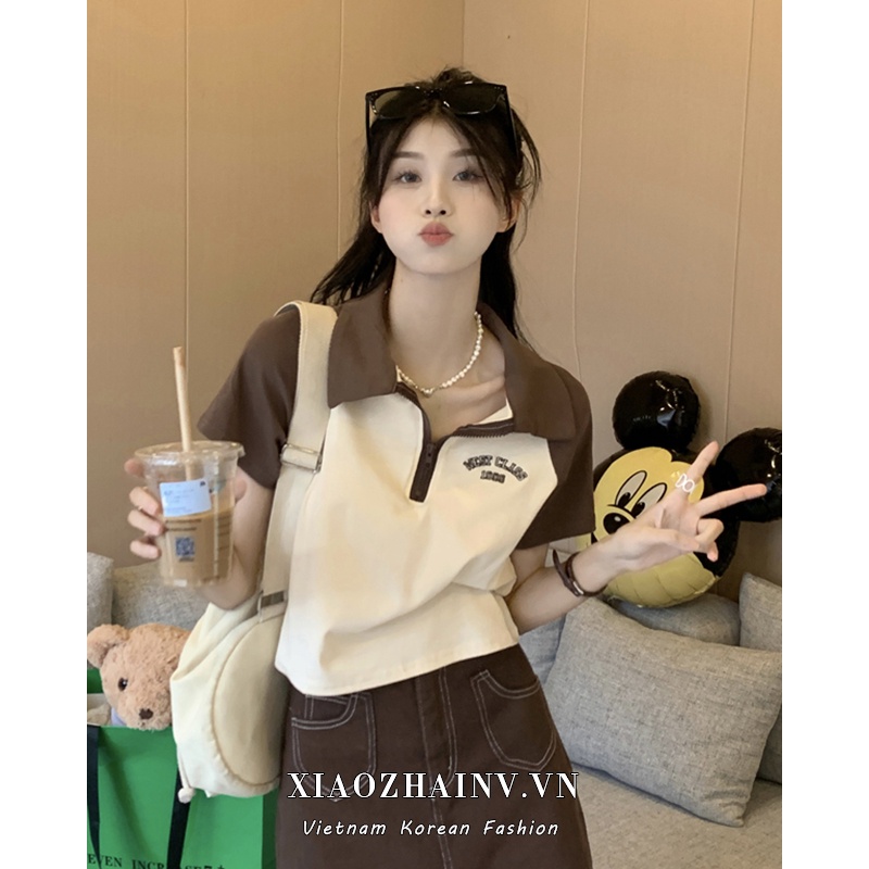 Xiaozhainv Áo Thun Croptop Ngắn Tay Cổ Polo In Chữ Phong Cách Vintage Mỹ