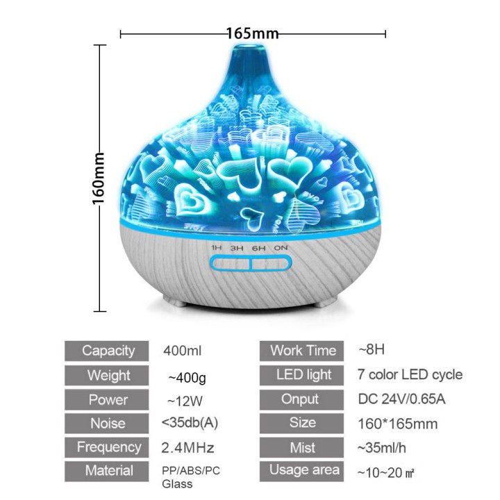 Thiết bị khuếch tán tinh dầu Aroma AM012D – Thiết kế bình hoa 3D– Dung tích 400ml - Led 7 màu – Bảo hành 1 năm