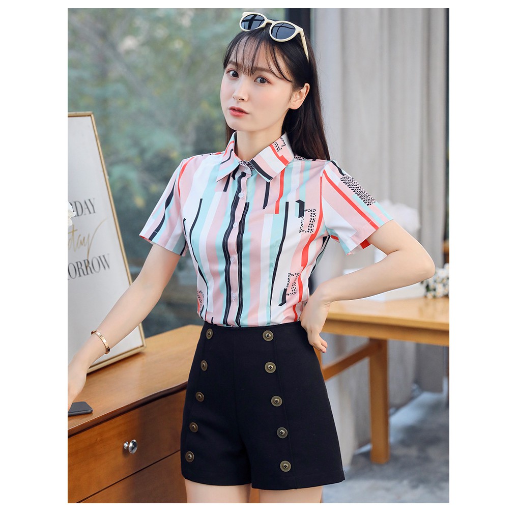 Áo sơ mi nữ ngắn tay họa tiết kẻ sọc phối màu siêu xinh Sm43