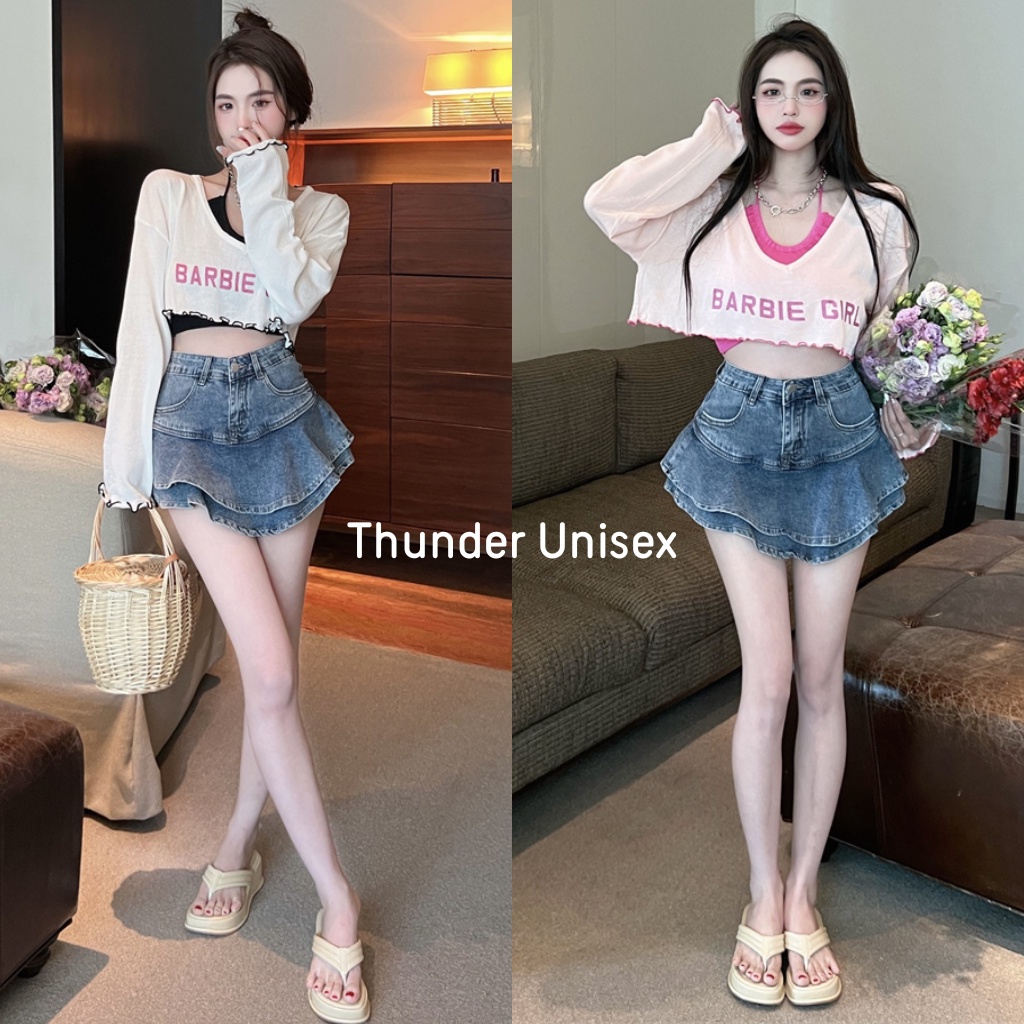 Set Váy Áo Yếm Mix Croptop Dài Tay 2 Màu Siêu Xinh Đi Kèm Chân Váy Bò Phong Cách Ulzzang Hàn Quốc Thunder Unisex