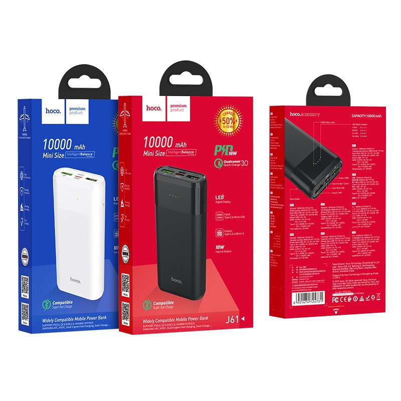 Pin sạc dự phòng HOCO J61 10000mAh hỗ trợ sạc nhanh 18W, cổng ra USB + Type-C, đèn LED - Hàng chính hãng