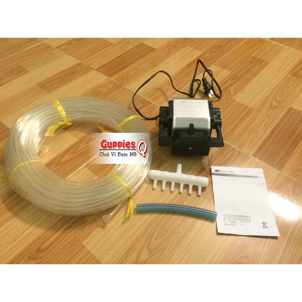 Combo Máy Sủi Oxy 6 Vòi Resun AP-30 16w, thêm 5met ống, 6 viên sủi Máy tạo oxy AP 30