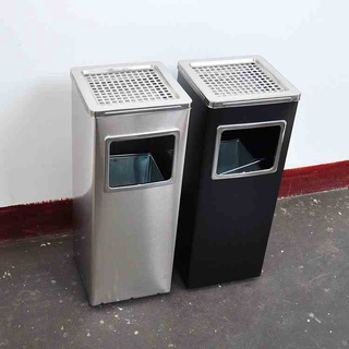 Thùng rác Inox hình vuông có gạt tàn thuốc lá, Thùng rác gạt tàn Inox hình vuông màu bạc, đen