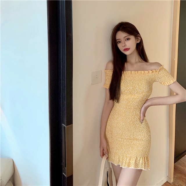 Đầm bẹt vai vàng hoa nhí bo chun ôm body đuôi cá (CÓ SẴN)