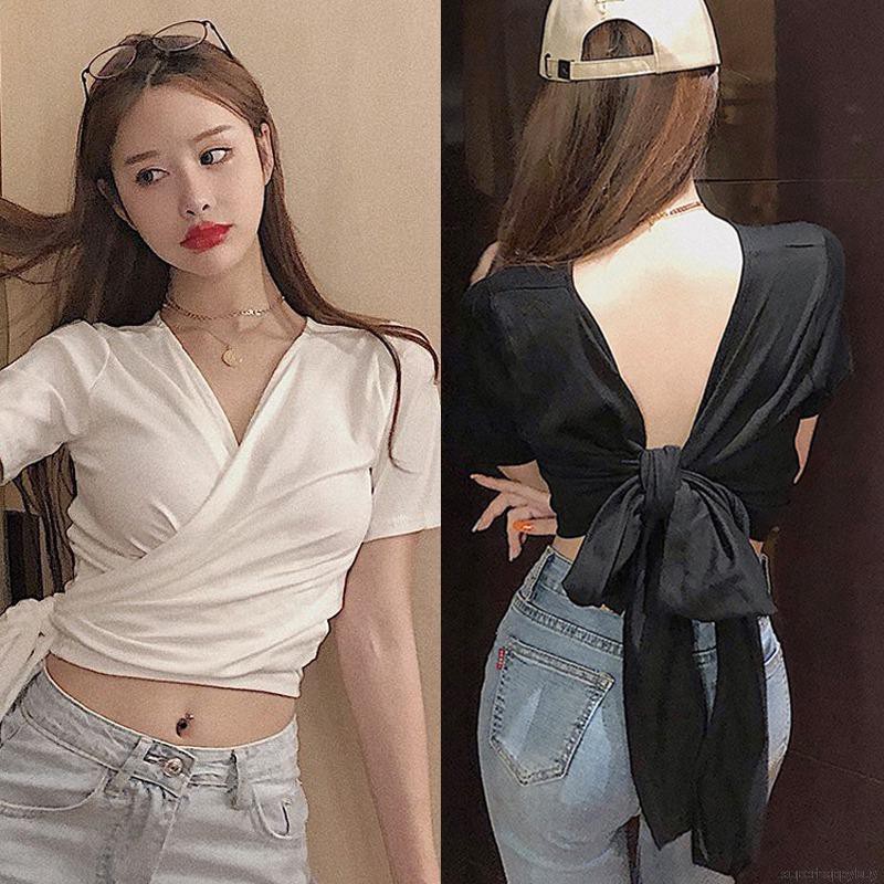 Áo thun croptop phối dây đan chéo lưng thiết kế hở lưng quyến rũ
