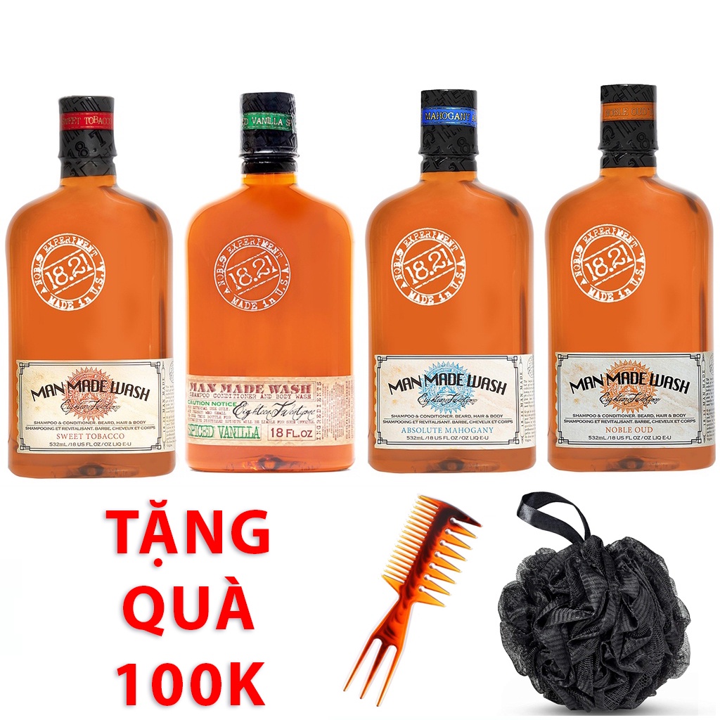 Dầu gội xả tắm 3N1 18.21 Man Made Wash chính hãng USA 533ml - Mùi hương Sweet Tobacco Aroma, Vanilla, Absolute Mahogany