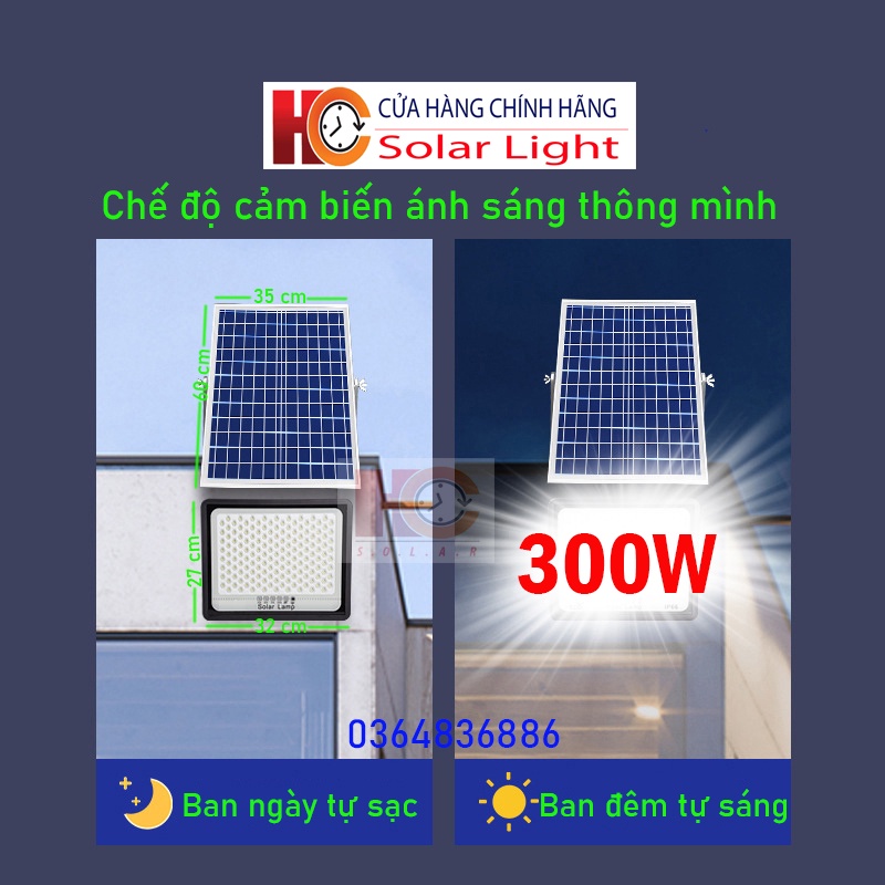 Đèn pha năng lượng mặt trời  HC SOLAR LINGHT 300W – Chống chói mắt, Vỏ nhôm, Tấm pin rời, Ánh sáng trắng, Kiểu Led mới