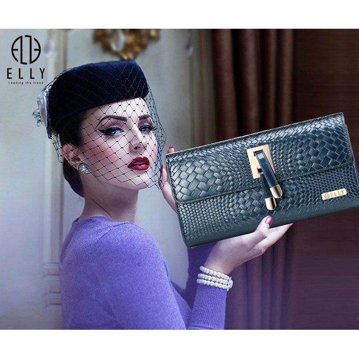 [Mã FAMALLT5 giảm 15% đơn 150k] Túi clutch nữ cao cấp da thật ELLY- EC3 đen