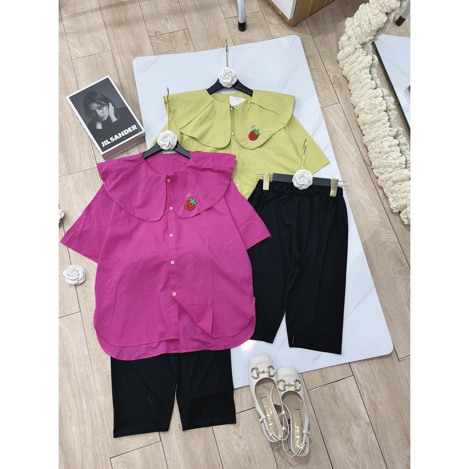 Set sơ mi cổ sen bản to Form áo rộng, tà lệch cá tính, Mix quần legging ngố chất giãn cực trend - Yubishop YBLMSET406