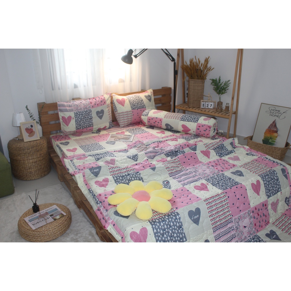 Bộ drap gối 4 món 100% cotton thiên nhiên Kha Ly-Ô vuông tim hồng