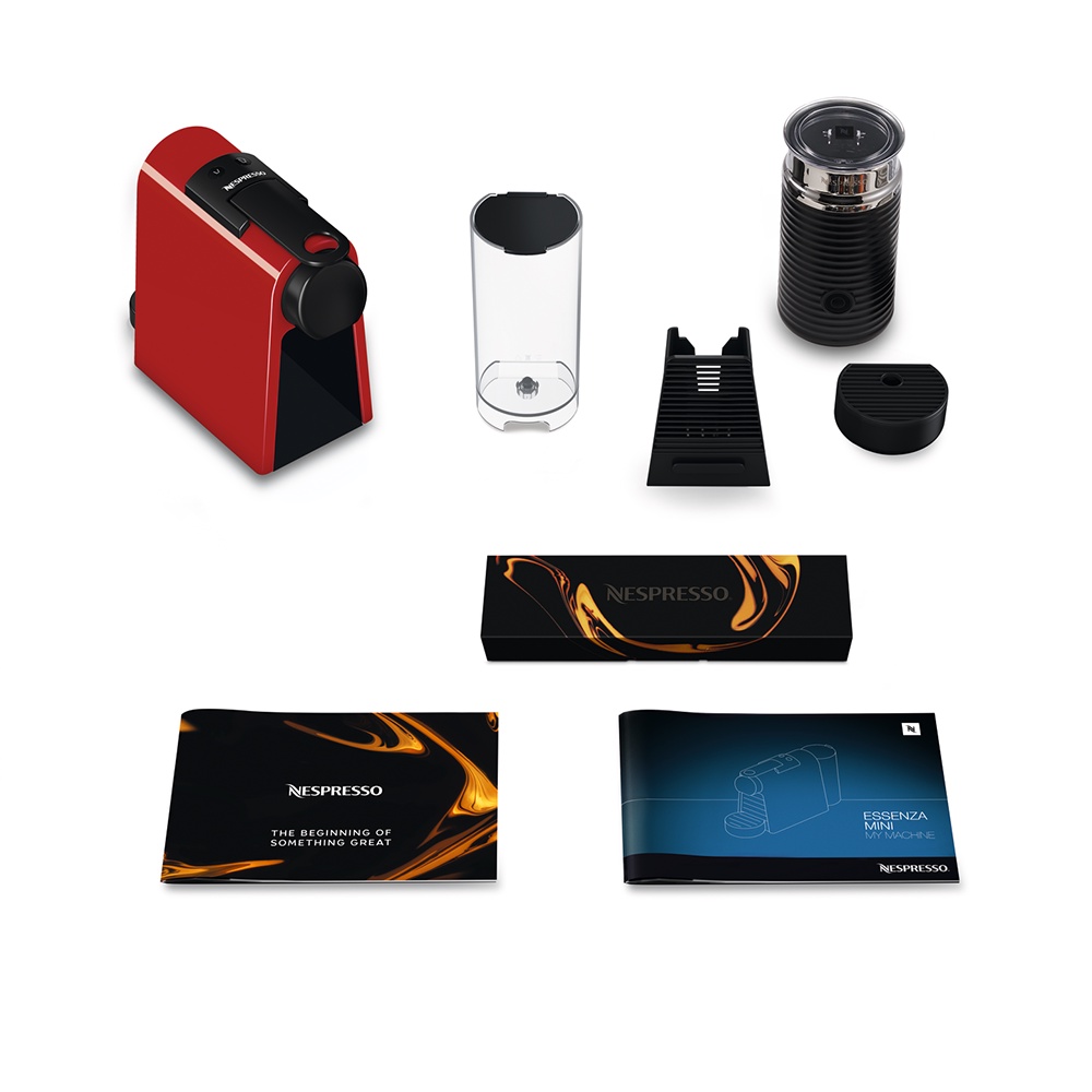 Bộ máy pha cà phê Nespresso Essenza Mini - Đỏ &amp; máy đánh sữa Aeroccino 3