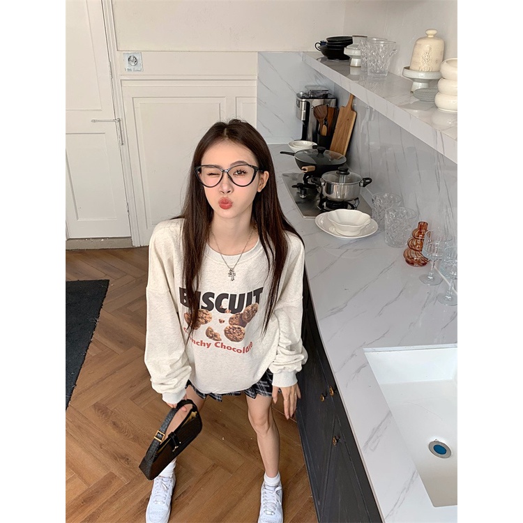 Áo Thun Nữ Dài Tay Cổ Tròn In Chữ Phong Cách Hàn Quốc