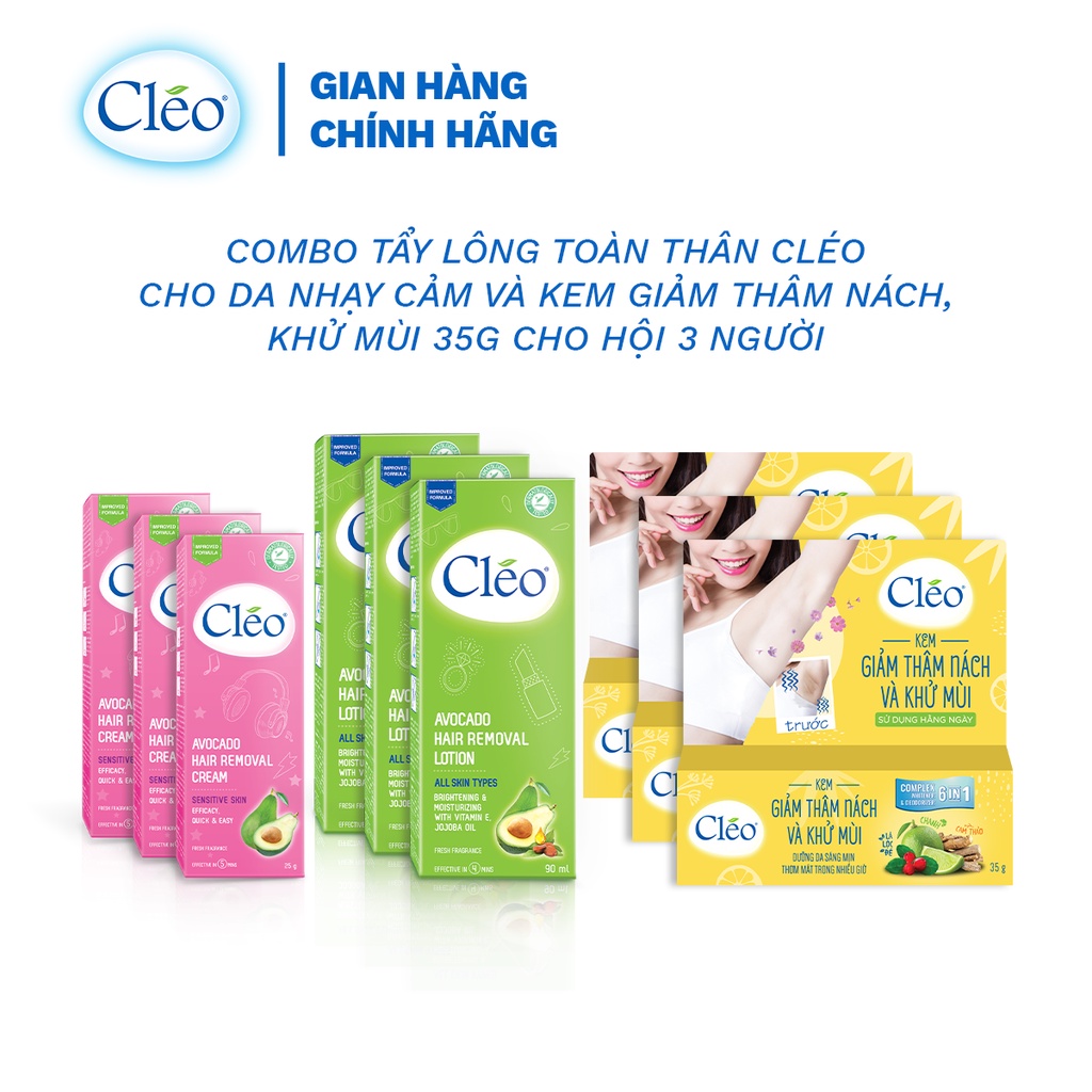 Combo tẩy lông toàn thân Cleo cho da nhạy cảm 25g và kem giảm thâm nách, khử mùi 35g cho hội 3 người