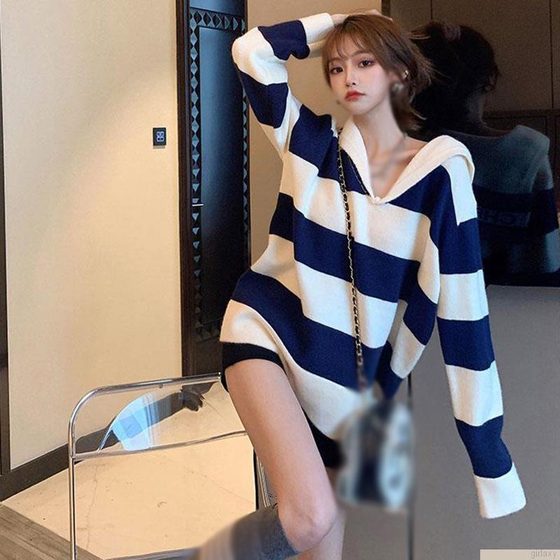 Áo dệt kim nữ tay dài cổ chữ V họa tiết sọc ngang thời trang