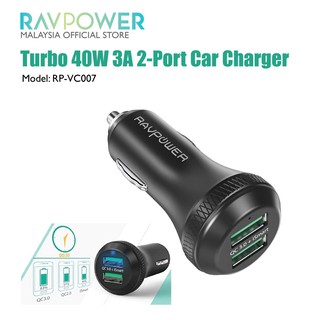 Tẩu Sạc điện thoại trên ô tô RAVPower Turbo 2 cổng 40W hỗ trợ iSmart 2.0 và Quick Charge 3.0 - Chính hãng