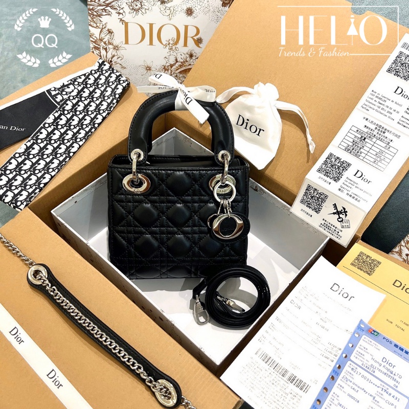 (Fullbox) Túi Mini Lady Di.or 3 ô super tag bạc _ Trắng/ Đen _ HE402