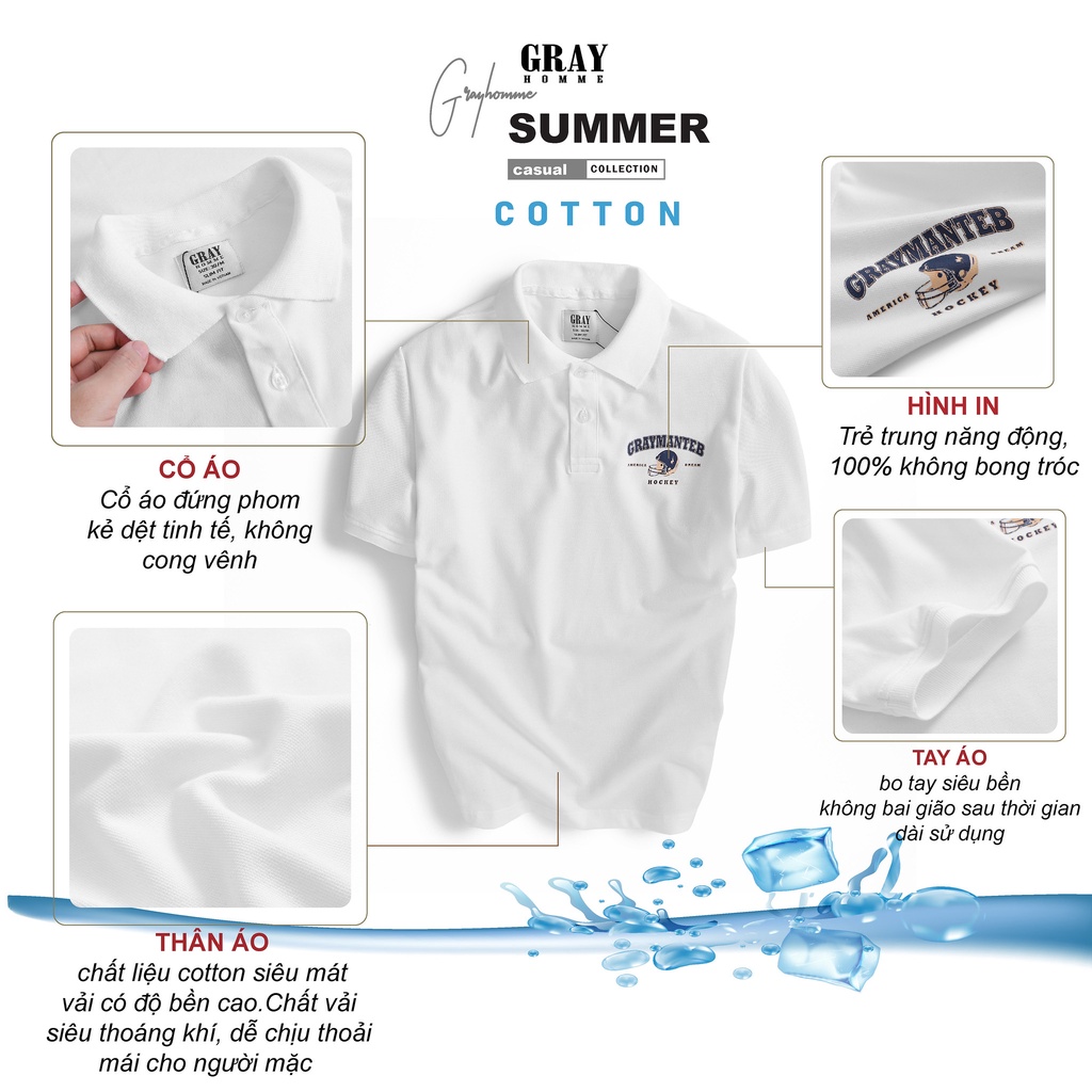 Áo Phông Polo Nam Hình Gấu GRAYHOMME Có Cổ, Tay Ngắn Dáng Ôm Vải Cotton Cao Cấp TPG20-18