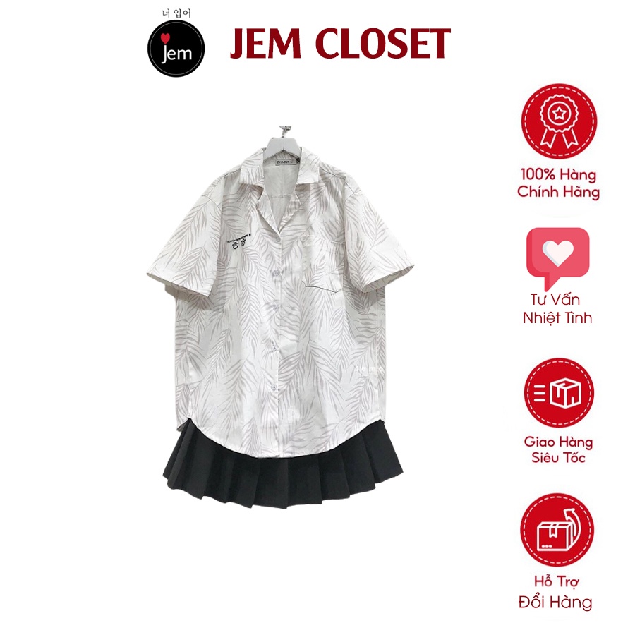 Áo Sơ Mi Nữ Tay Ngắn Cổ Vest JEM CLOSET Sơ Mi Form Rộng Chất Liệu Kaki In Họa Tiết Hoa Lá LEAF 10019