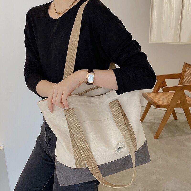 Túi Xách Canvas Cỡ Lớn Phối Khóa Kéo Phong Cách Hàn Quốc