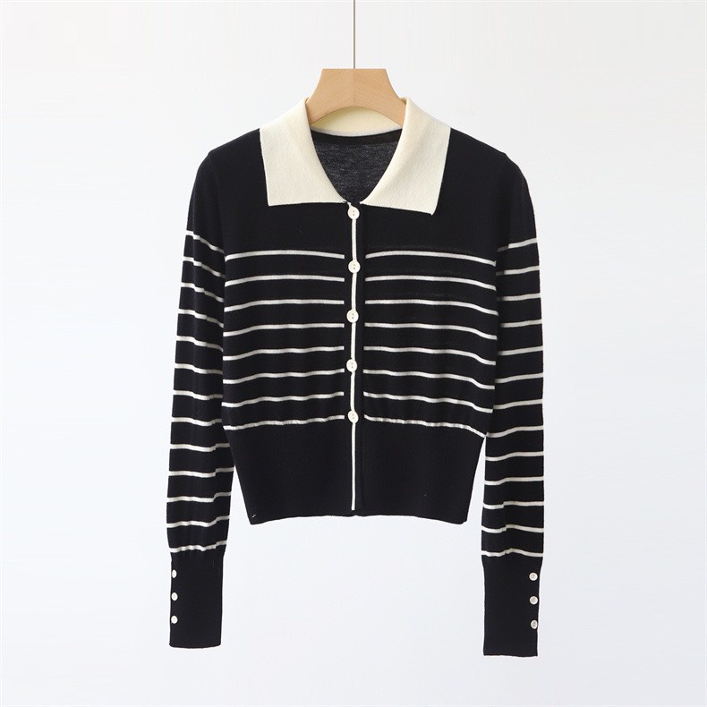 Áo Len Dài Tay Polo Cổ Bẻ Cardigan Croptop Kẻ Bo Gấu Phối Cúc Kẻ Ngang Phong Cách Hàn Quốc Ailee AO NU 005A3