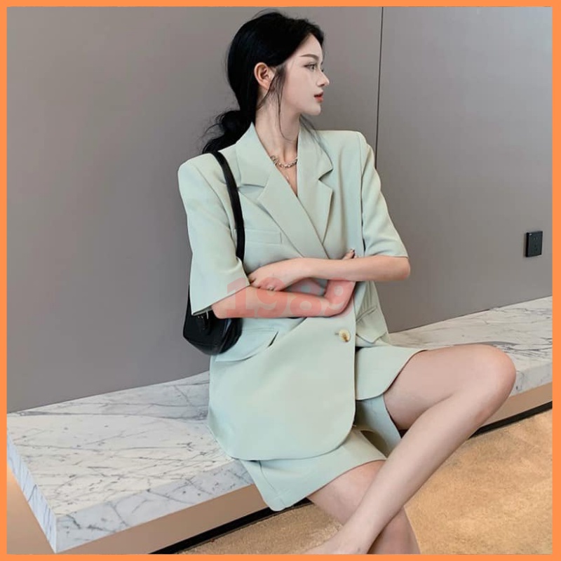 Set áo vest trơn XANH basic cộc tay kèm quần short form oversize, Set áo Blazer kèm quần short Hàn Quốc THỜITRANG1989 | BigBuy360 - bigbuy360.vn