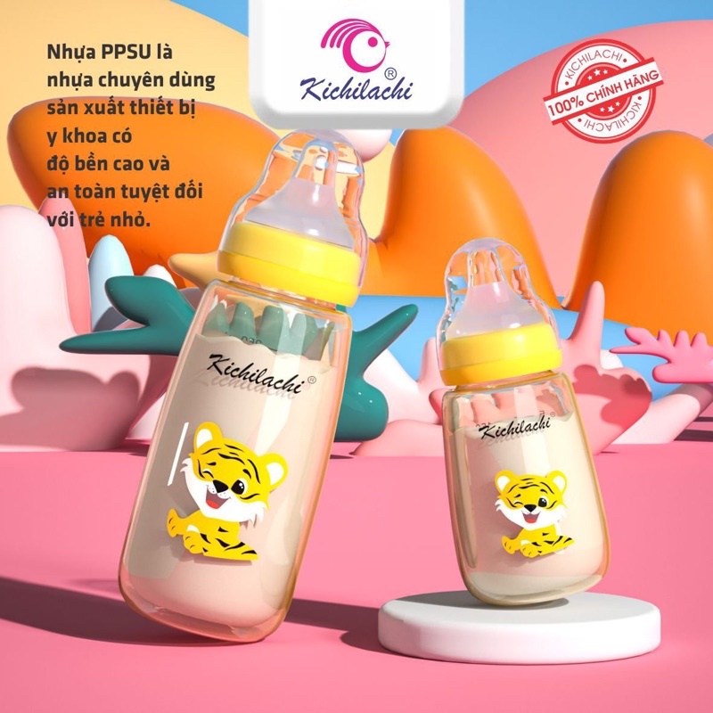 Bình Sữa Sơ Sinh Cổ Hẹp Kichilaci ,chất Liệu Ppsu, Cảm Biến Nhiệt Phiên Bản Hình Hổ 150ml - 250ml [ KÈM NÚM TI ]
