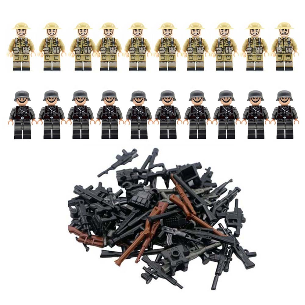 WWII GERMAN v BRITISH Soldiers + Weapons Mini Figures WW2 Military Set Fit Lego