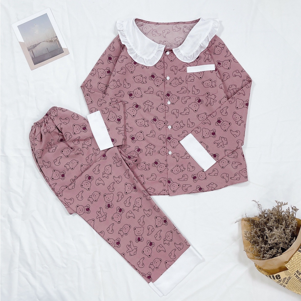 Bộ ngủ pijama phối viền bèo siêu nữ tính Bộ mặc nhà nữ
