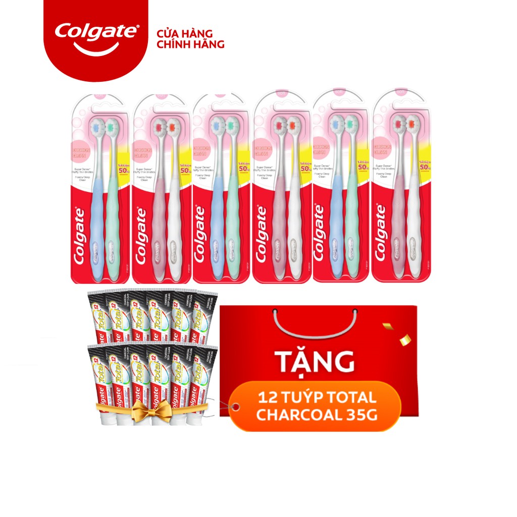 Bộ 12 bàn chải Colgate Cushion Clean tặng 12 tuýp Kem đánh răng Colgate size du lịch