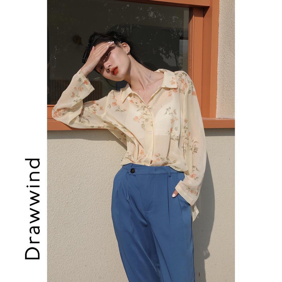 Áo Sơ Mi Chiffon Tay Dài Dáng Rộng In Họa Tiết Hoa Phong Cách retro Hong Kong Thời Trang Xuân Hè Dành Cho Nữ