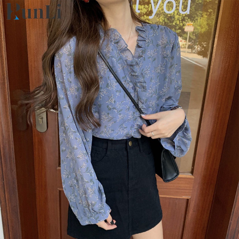 Áo sơ mi kiểu XINLANYASHE chiffon tay dài phồng họa tiết hoa dễ phối đồ phong cách Hàn Quốc Hawaii đáng yêu cho nữ
