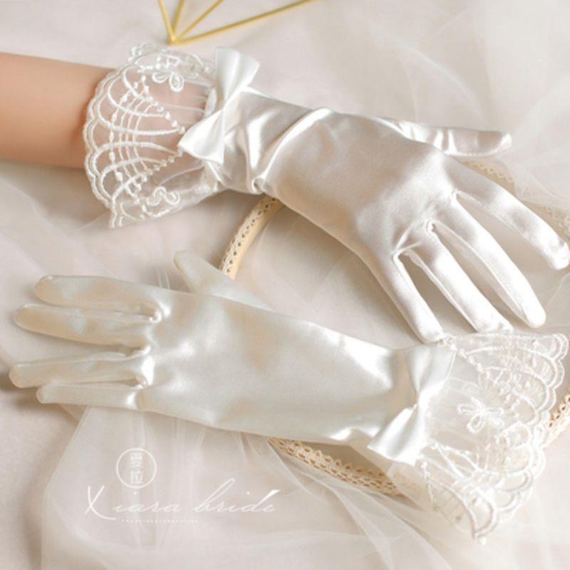 Găng Tay Vải Satin Phối Nơ Ren Xinh Xắn Dành Cho Cô Dâu