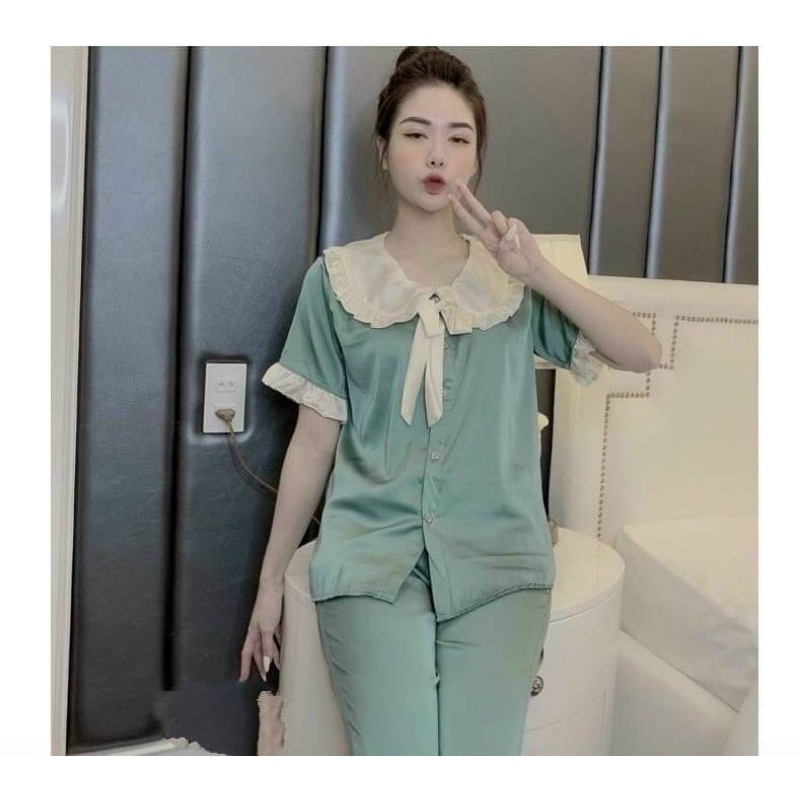 Set bộ đồ mặc nhà cổ bèo tiểu thư tay cộc quần dài , chất vải lụa satin cao cấp , mềm mịn xuông mướt .