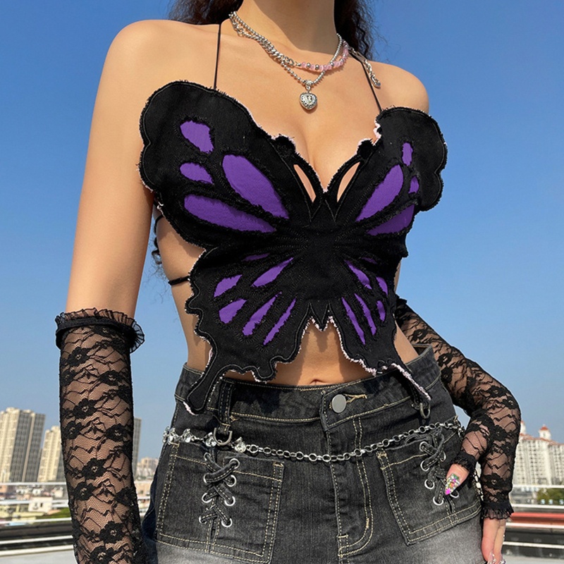 Áo Crop Top Hai Dây Cổ Chữ V Cột Dây Hở Lưng Họa Tiết Cánh Bướm Nhiều Màu Quyến Rũ Phong Cách Harajuku Cho Nữ