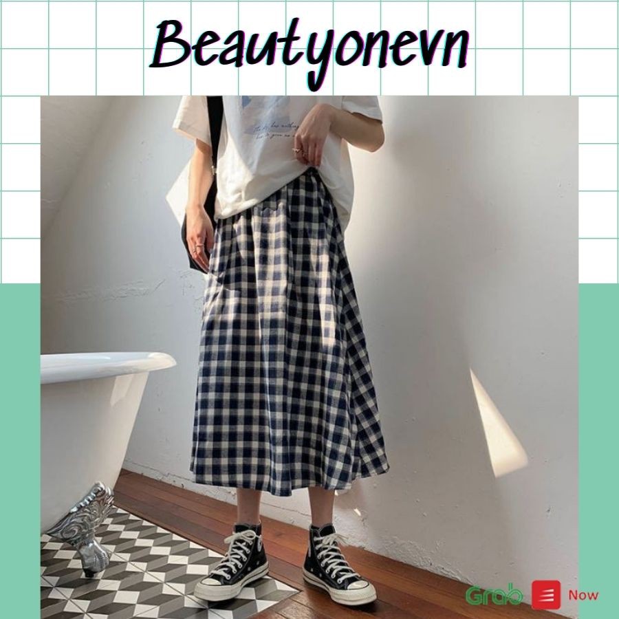 Chân váy dài, chân váy dài chất vải thô vintage kẻ ô vuông phong cách Hàn Quốc
